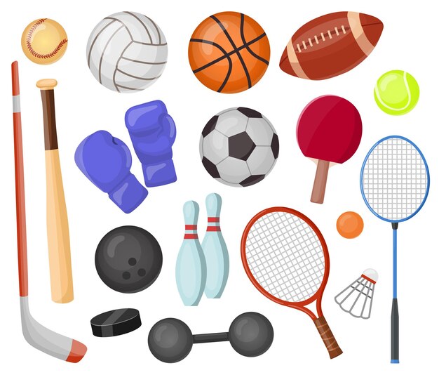 스포츠 장비 만화 세트입니다. 하키, 럭비, 야구, 테니스 라켓을 위한 공 및 게임 용품. 볼링, 복싱, 골프 컬렉션