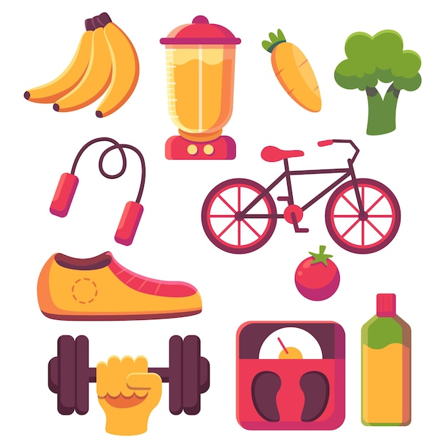 Sport equipment sport concept with gear and gaming items\
various sports equipment and nutrition vector illustration flat\
style design