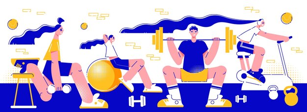 Sport fitness workout center people exercising with barbels balance ball training machine flat horizontal composition illustration