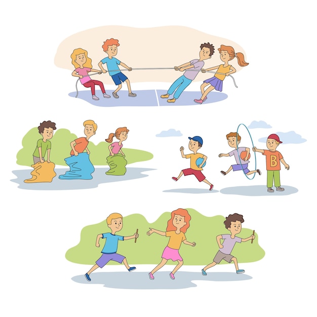 Бесплатное векторное изображение Спортивные игры для детей набор сценок спортивные соревнования в детском саду перетягивание скакалки прыжки в мешках и через обруч с эстафетой с мячом