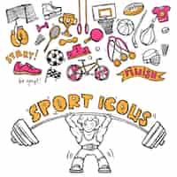 Vettore gratuito icone di sport doodle schizzo