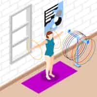 Vettore gratuito fondo isometrico dell'interno di sport con la donna che si esercita con l'illustrazione di vettore 3d di hula hoop