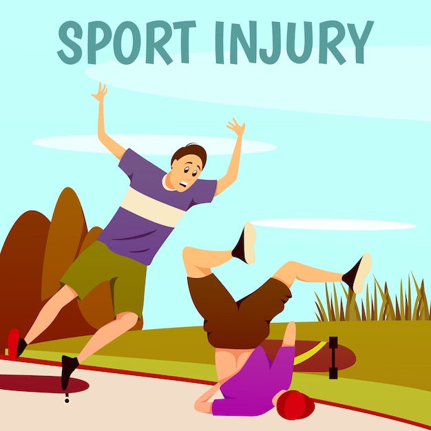 Sport injury flat colorful background. two traumatized skateboarders