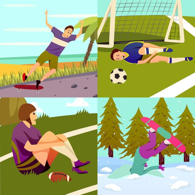 Free vector sport injury flat colorful design concept set of square compositions with different kinds of sport