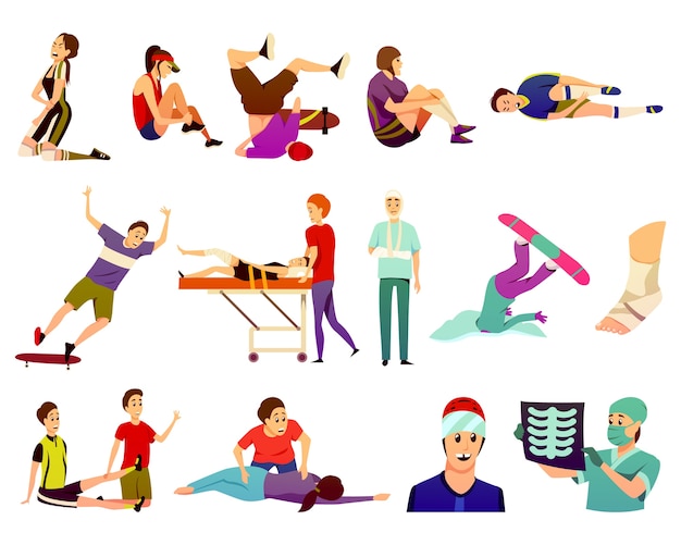 Sport injury flat colorful icons collection of isolated athletes suffering from traumas and sports medicine doctors 