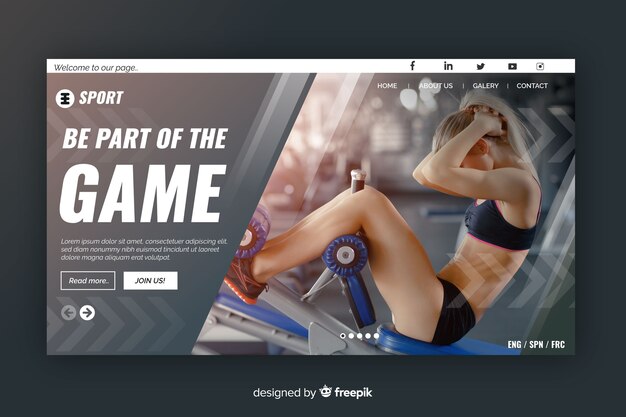 Free vector sport landing grey page with photo and geometric shapes