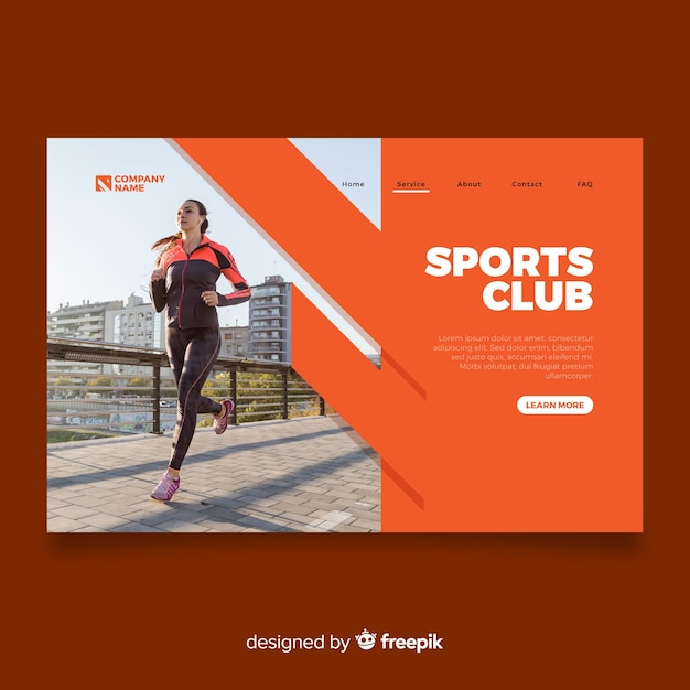 Free vector sport landing page template with photo