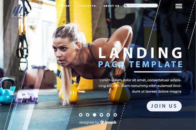 Free vector sport landing page template with photo