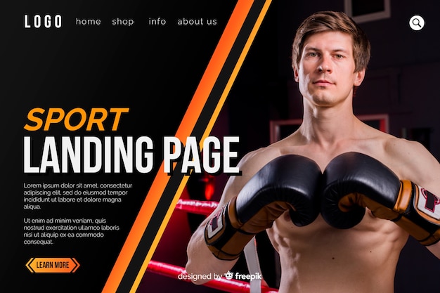 Free vector sport landing page template with photo