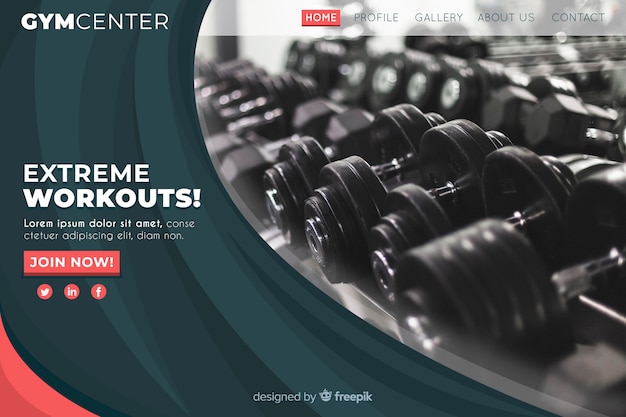 Free vector sport landing page template with photo