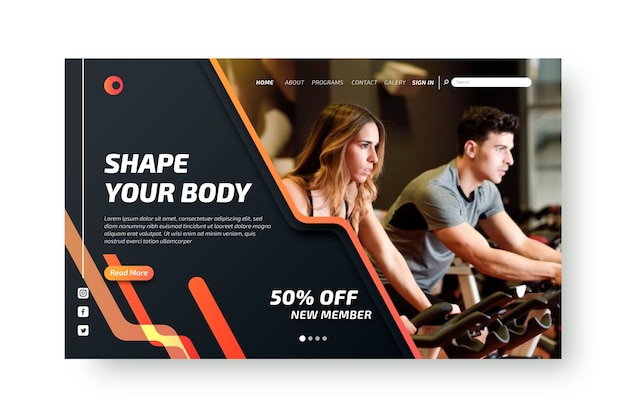 Free vector sport landing page template with photo