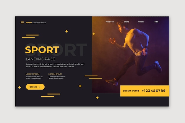 Free vector sport landing page template with photo