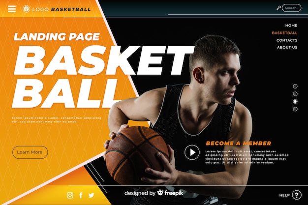 Free vector sport landing page template with photo