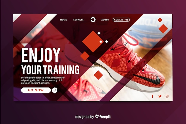 Free vector sport landing page with photo and geometric shapes