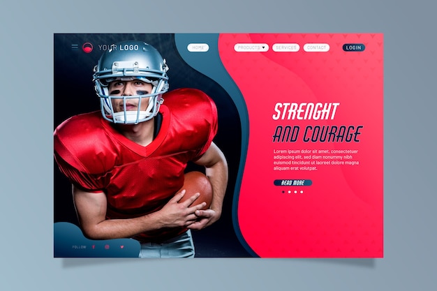 Free vector sport landing page with photo of rugby player