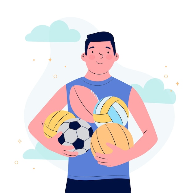 Sport man holding balls hand drawn illustration