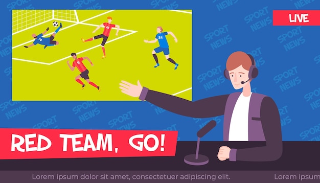 Sport news illustration in flat style with character of tv broadcaster and football game