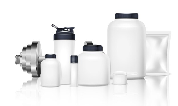 キャップとダンベルのベクトル図で白い瓶とボトルのビューとスポーツ栄養パッケージの現実的な構成