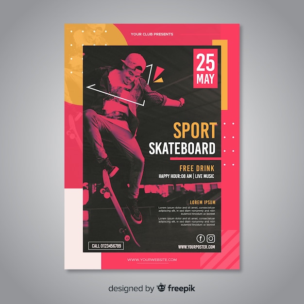 Free vector sport poster template with chiaroscuro photo