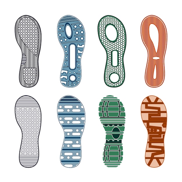 Sport shoes footprints colored set of different patterns on white background isolated 