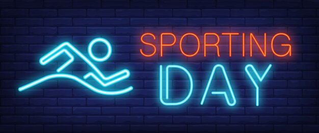 Sporting Day neon sign. Glowing bar lettering with swimming man