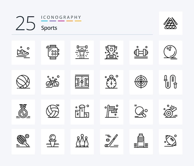 Sports 25 Line icon pack including award lifting touch weight exercise