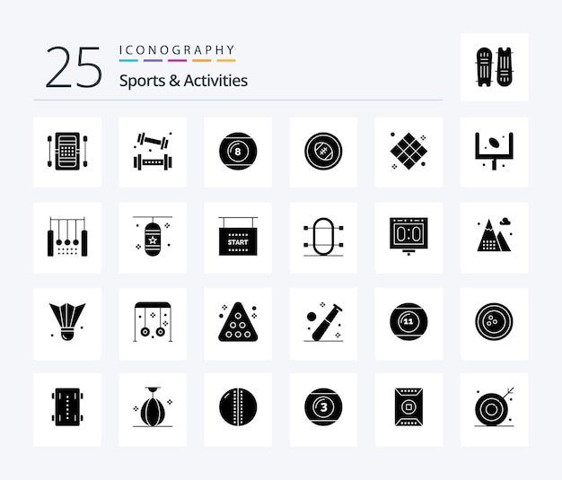 Sports activities 25 solid glyph icon pack including rugby field football lifting sport lineicon