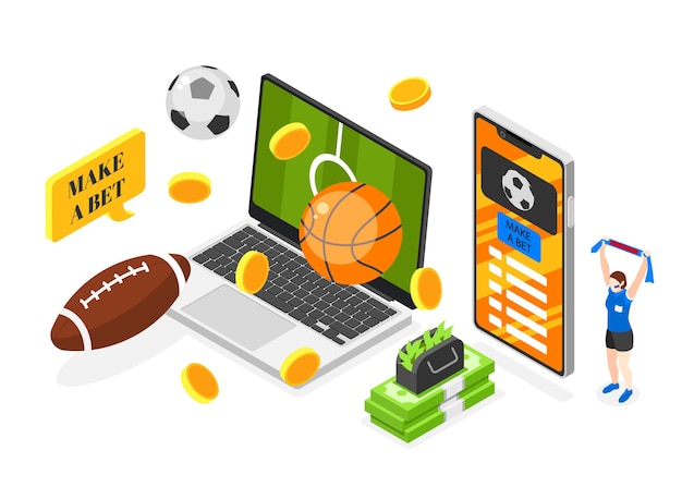Free vector sports betting isometric composition with mobile phone and notebook with gambling application vector illustration