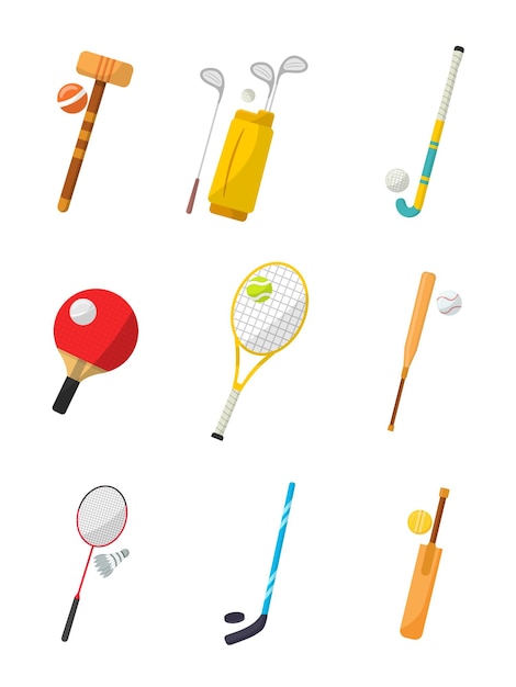 Sports equipment set table tennis badminton rackets baseball bat golf club inventory stickers Active lifestyle sport games tools items pack