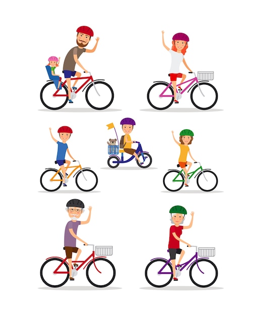 Sports family. Mom, Dad and kids ride bikes. Daughter and son, grandmother and grandfather, vector illustration