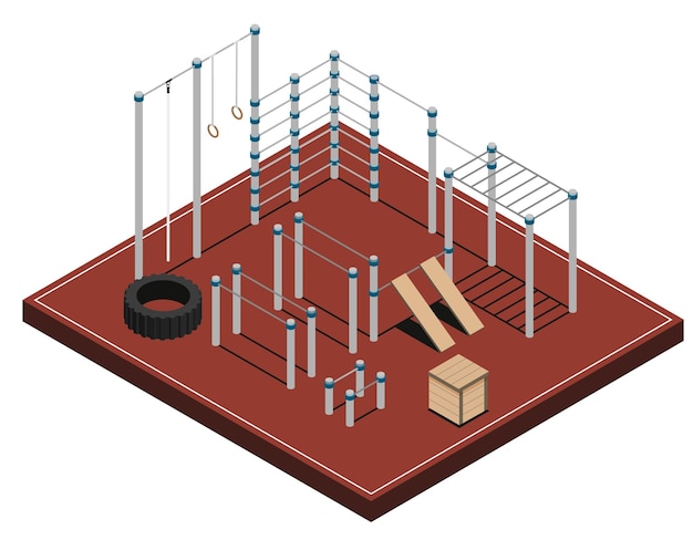 Sports ground with metal wooden and rubber workout equipment on brown covering isometric