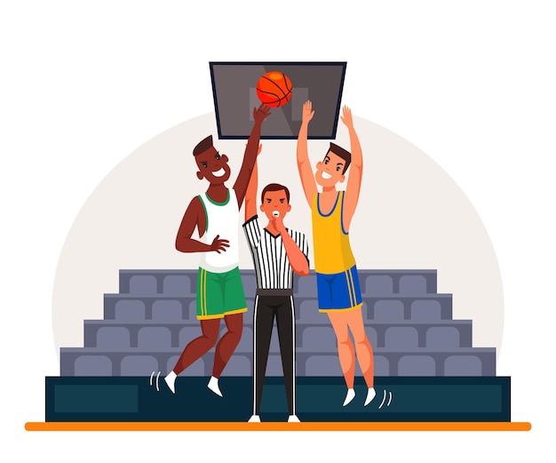 Free vector sports judge referee blowing whistle standing between two basketball players caucasian and afroamerican sportsmen on line of scrimmage