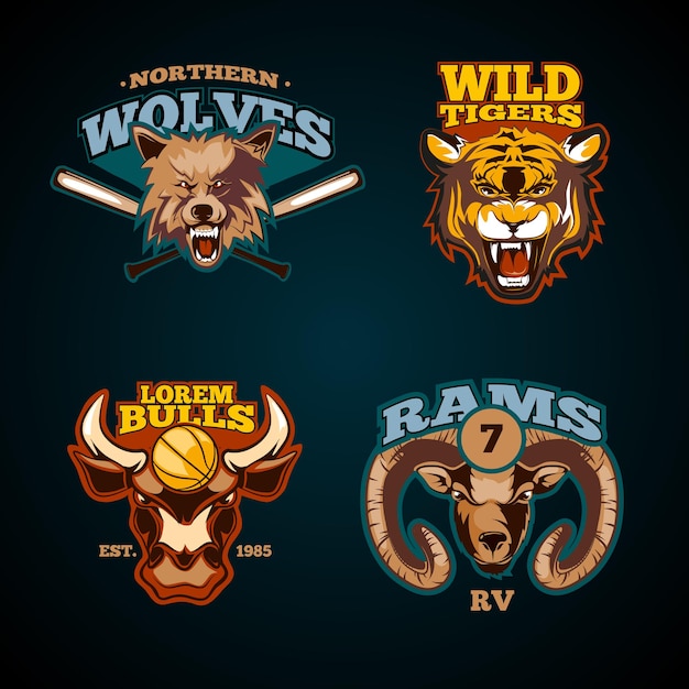 Sports labels with heads of animals set