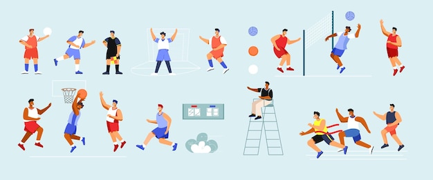 Sports stadium set with flat icons and isolated doodle style characters of playing athletes in uniform vector illustration