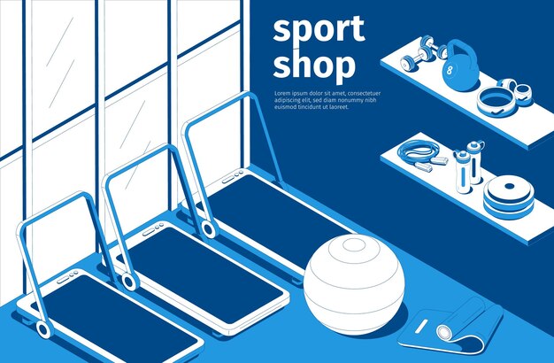 러닝 머신 피트니스 볼 바벨 무게 강도 운동 장비와 Sportshop 인테리어 파란색 흰색 아이소 메트릭 구성