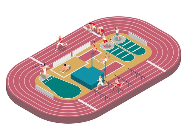 Free vector sportsman athletics isometric composition with view of stadium with running track jumping barriers and human characters vector illustration