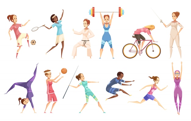 Free vector sportswoman retro cartoon set of isolated female characters doing different kinds of sport on blank