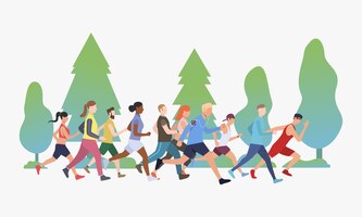 Sporty people running marathon in park illustration