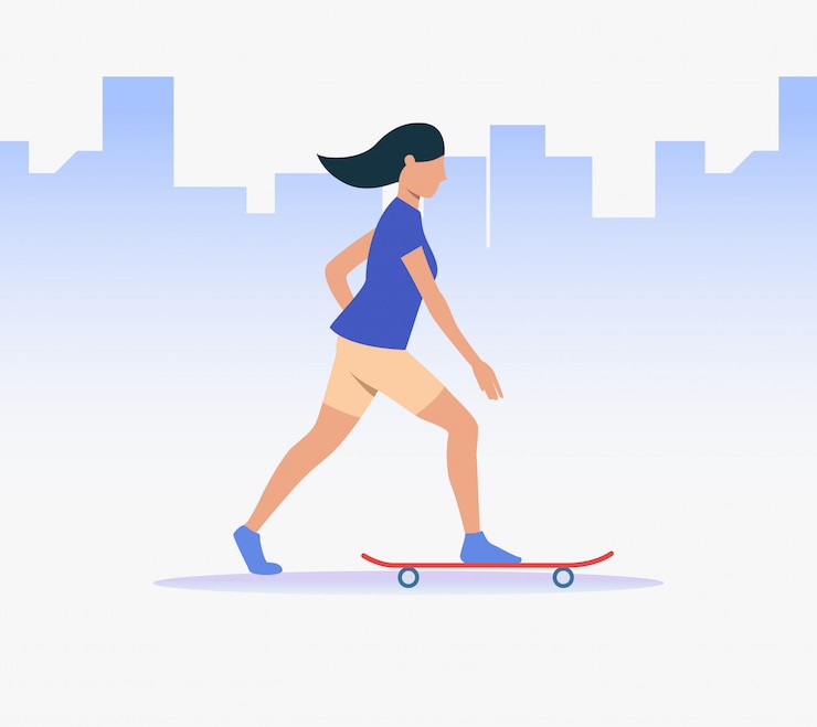 無料Vector スケートボードに乗ってスポーティな女性