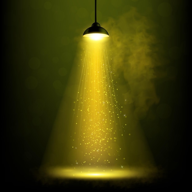 Free vector spotlight lights lamp realistic composition with dark scenery smoke and hanging lamp with rays and particles vector illustration