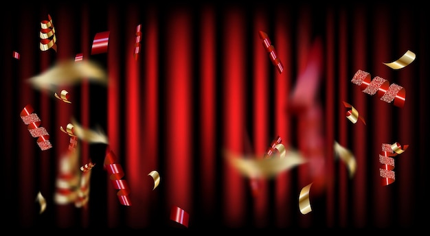 Free vector spotlight on red curtain background and falling golden confetti