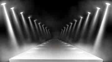 Free vector spotlights background, glowing stage lights, white beams for red carpet award or gala concert. empty illuminated way for presentation, runway with lamp rays with smoke for show, realistic 3d vector