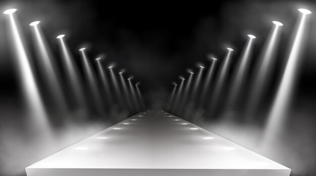 Spotlights background, glowing stage lights, white beams for red carpet award or gala concert. Empty illuminated way for presentation, runway with lamp rays with smoke for show, Realistic 3d vector