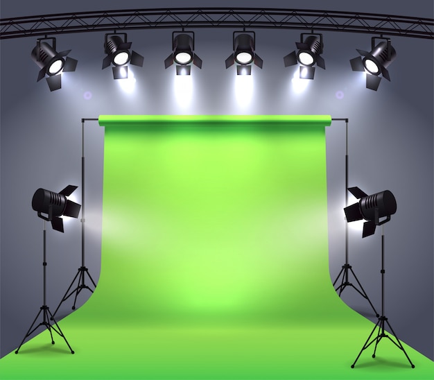 Free vector spotlights realistic composition with photo shooting studio environment chroma key cyclorama surrounded by professional spot lights