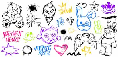 Free vector spray paint graffiti element set of bear rabbit heart skull angel wings eye stars tic tac toe and