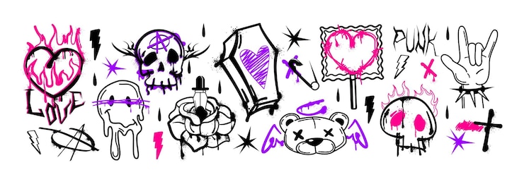 Free Vector spray paint graffiti inky burning heart skull and bear head coffin and punk goth stickers