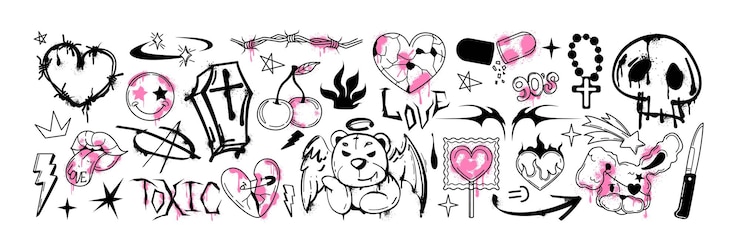 मुफ़्त वेक्टर spray paint graffiti y2k gothic tattoo element set street art heart bear with wings smile face emoji