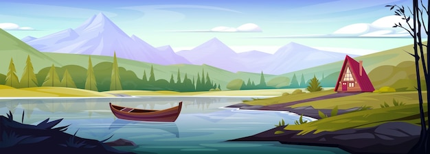 Free vector spring alps with water and mountain panorama view