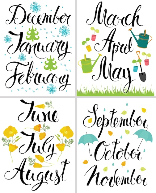 免费矢量春天,秋天,冬天,夏天。的一个月。书法