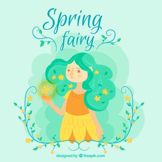 Spring background with cute fairy